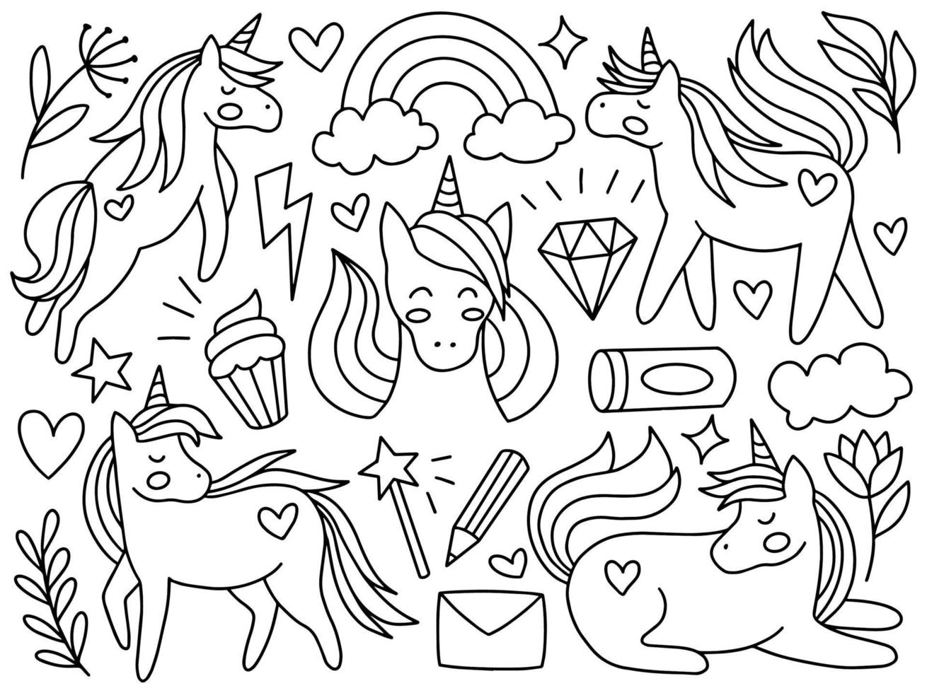 colección de arte de línea de doodle de unicornio vector