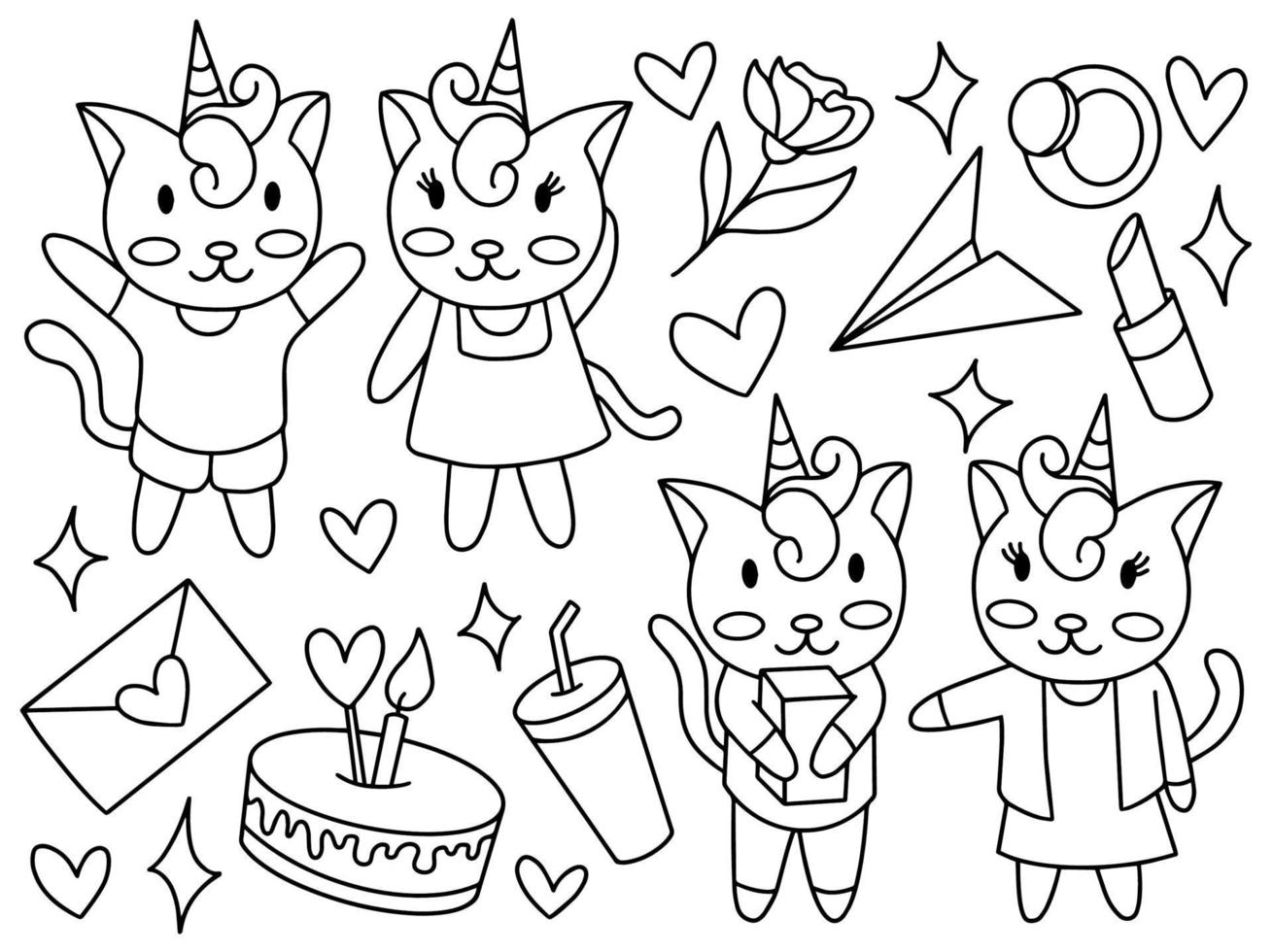 Cat Unicorn Doodle Line Art Collection vector