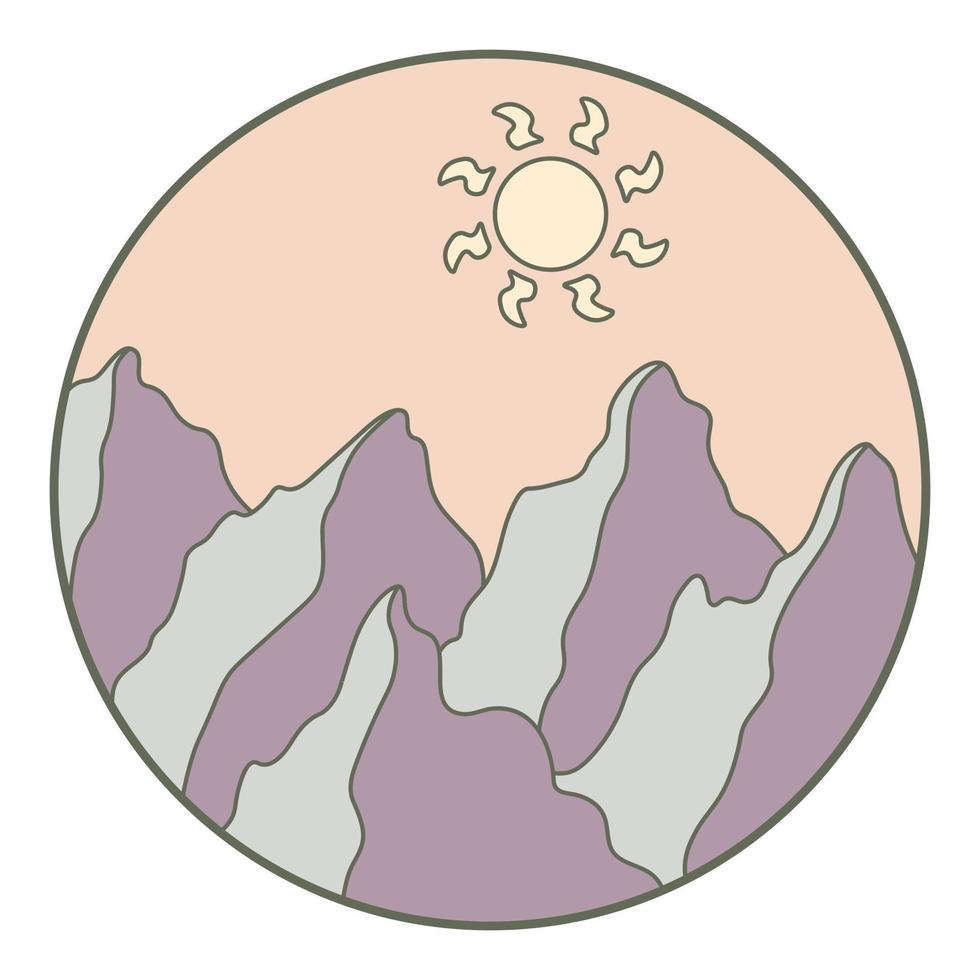 Vector illustration of mountain. Colorful hand drawn outline icon in circle frame. For print, web, design, decor, logo.