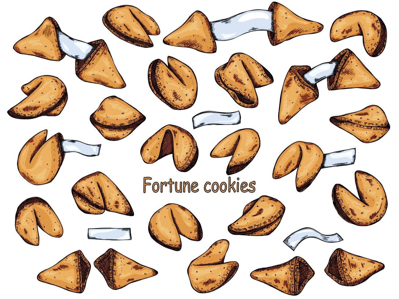 Chinese fortune cookies vector hand drawn set isolated on white backgrounds. Colorful food illustration. Crisp cookie with a blank piece of paper inside. For print, web, design, decor, logo.