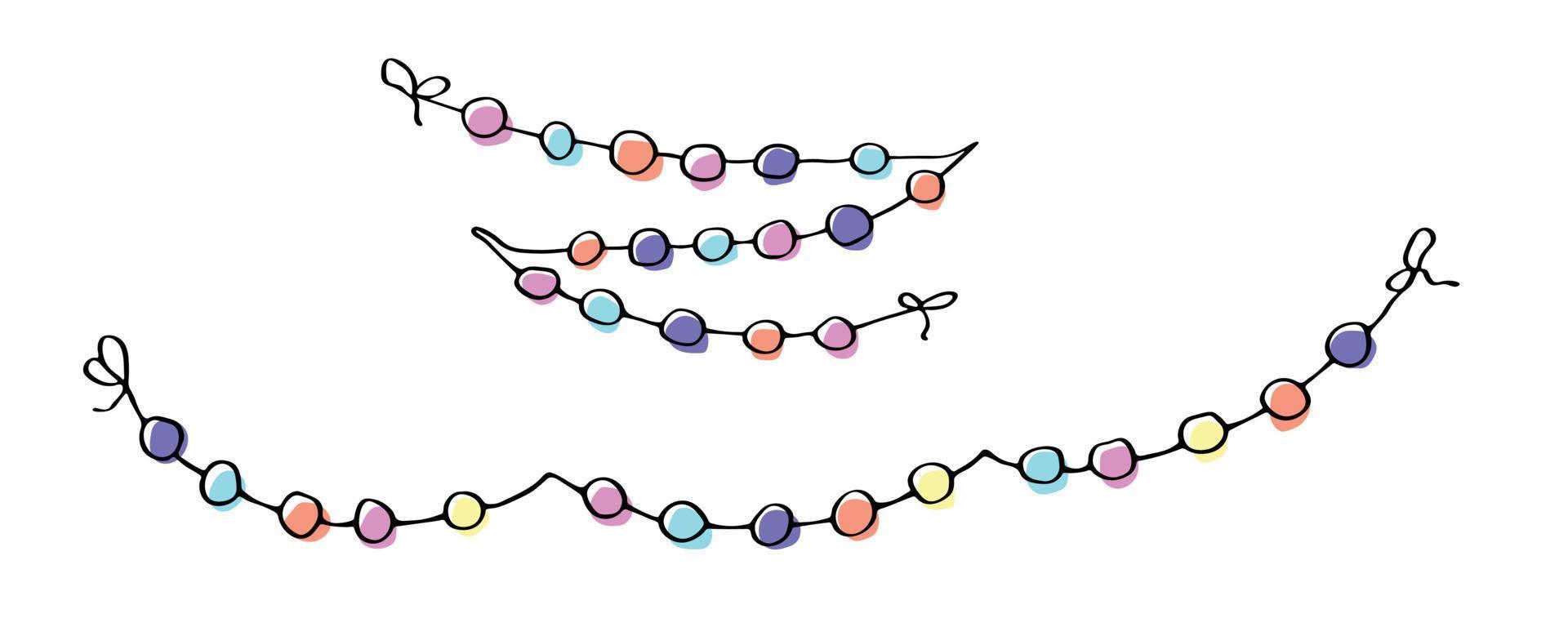 Vector hand drawn colorful light bulb garland. Cute doodle illustration isolated on white background. Celebration clipart for greeting cards, print, web, design, decor.