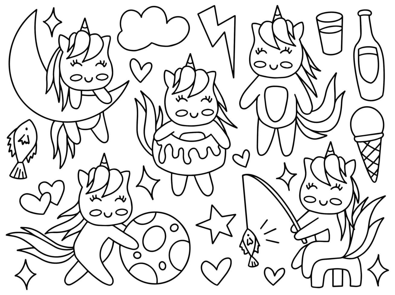 Cat Unicorn Doodle Line Art Collection vector