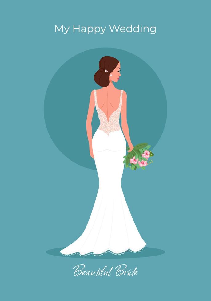 Bride in a beautiful dress with a bouquet of greeting card. Wedding invitation. Vector illustration in flat cartoon style