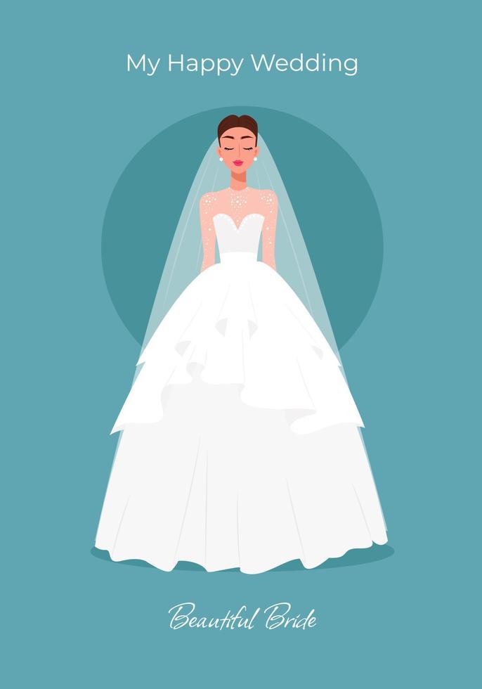 Bride in a lush dress greeting card. Vector illustration in flat cartoon style