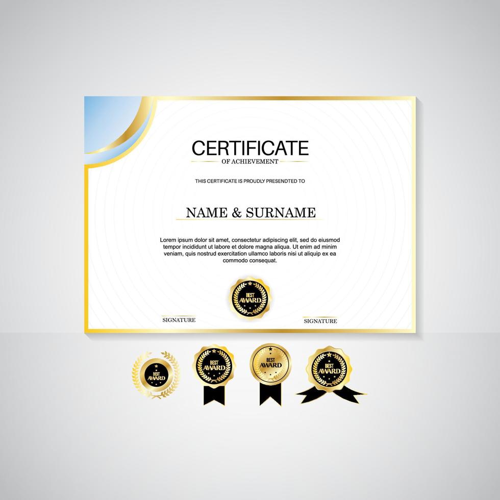 Award certificate landscape template, gold and blue colors. Clean modern certificate with gold badge. Certificate border template with modern luxury line pattern. Diploma vector template