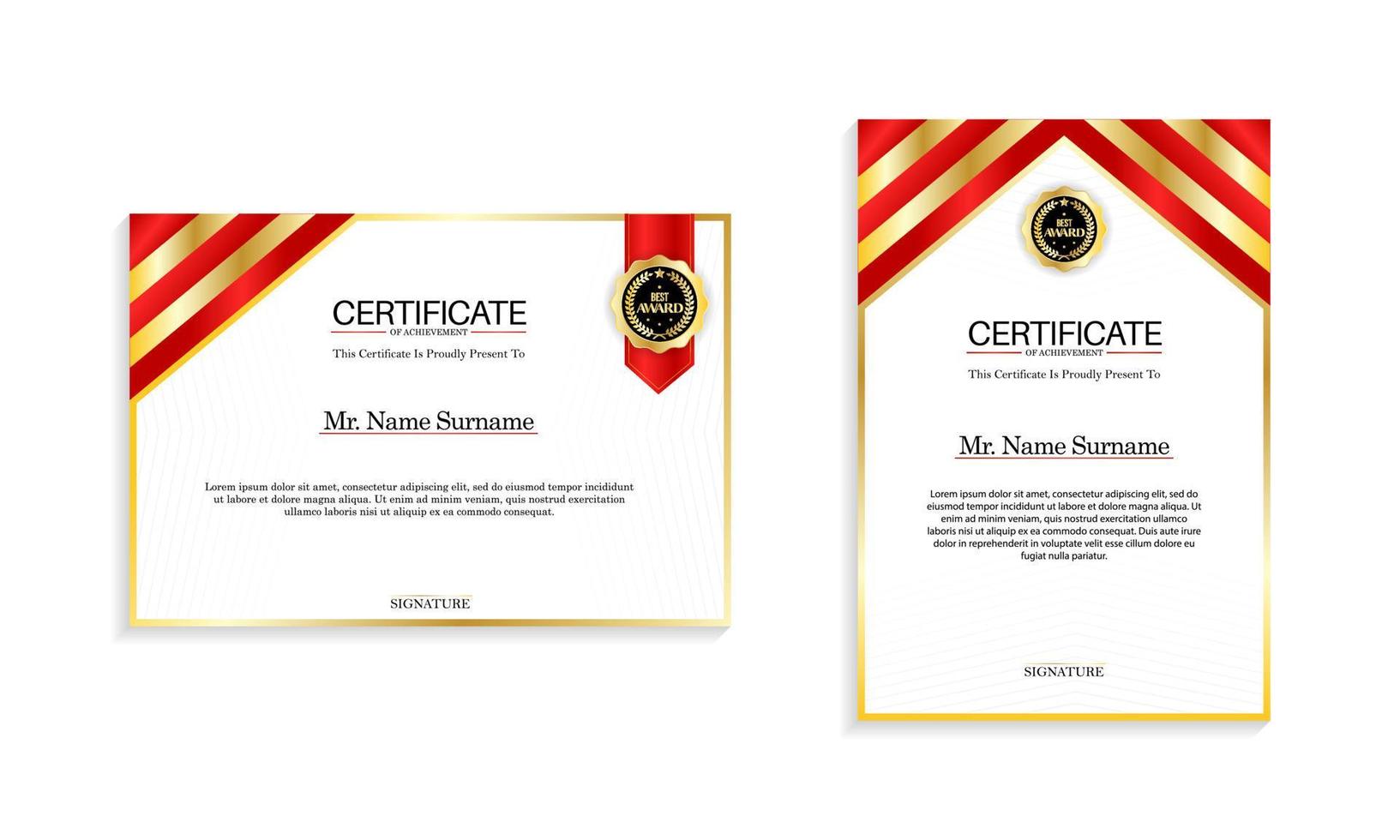 Red and gold certificate border template with luxury badge and modern line pattern. vector