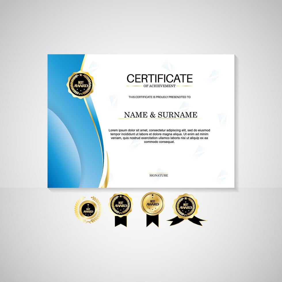 Award certificate landscape template, gold and blue colors. Clean modern certificate with gold badge. Certificate border template with modern luxury line pattern. Diploma vector template