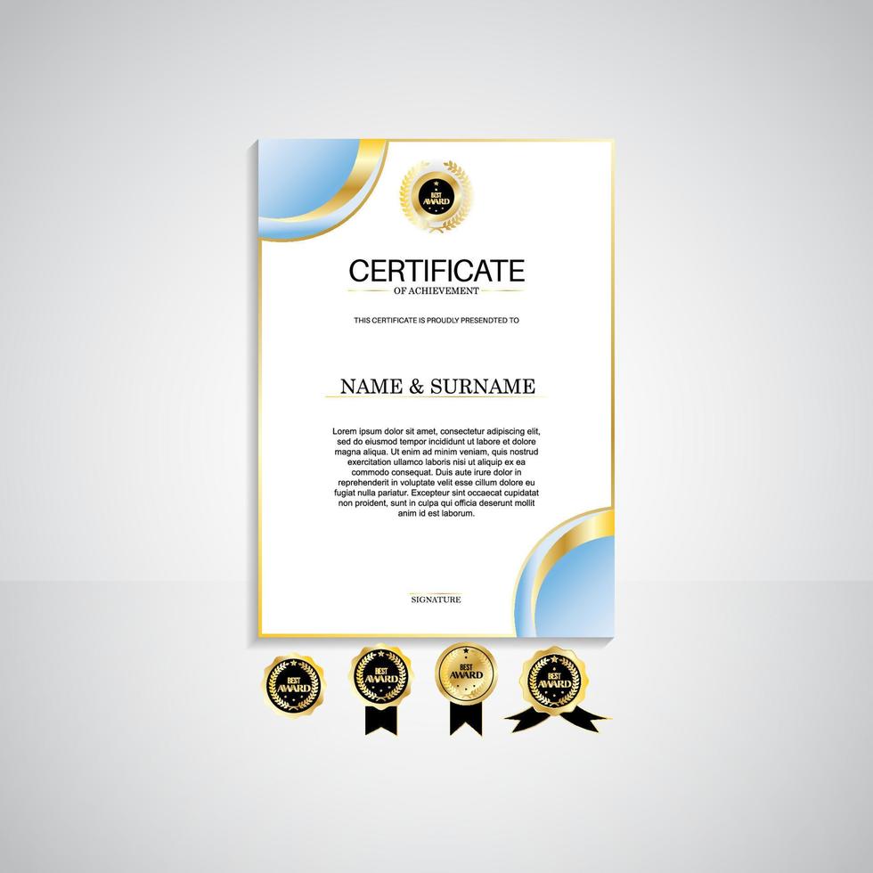 Award portrait certificate template, gold and blue colors. Clean modern certificate with gold badge. Certificate border template with modern luxury line pattern. Diploma vector template