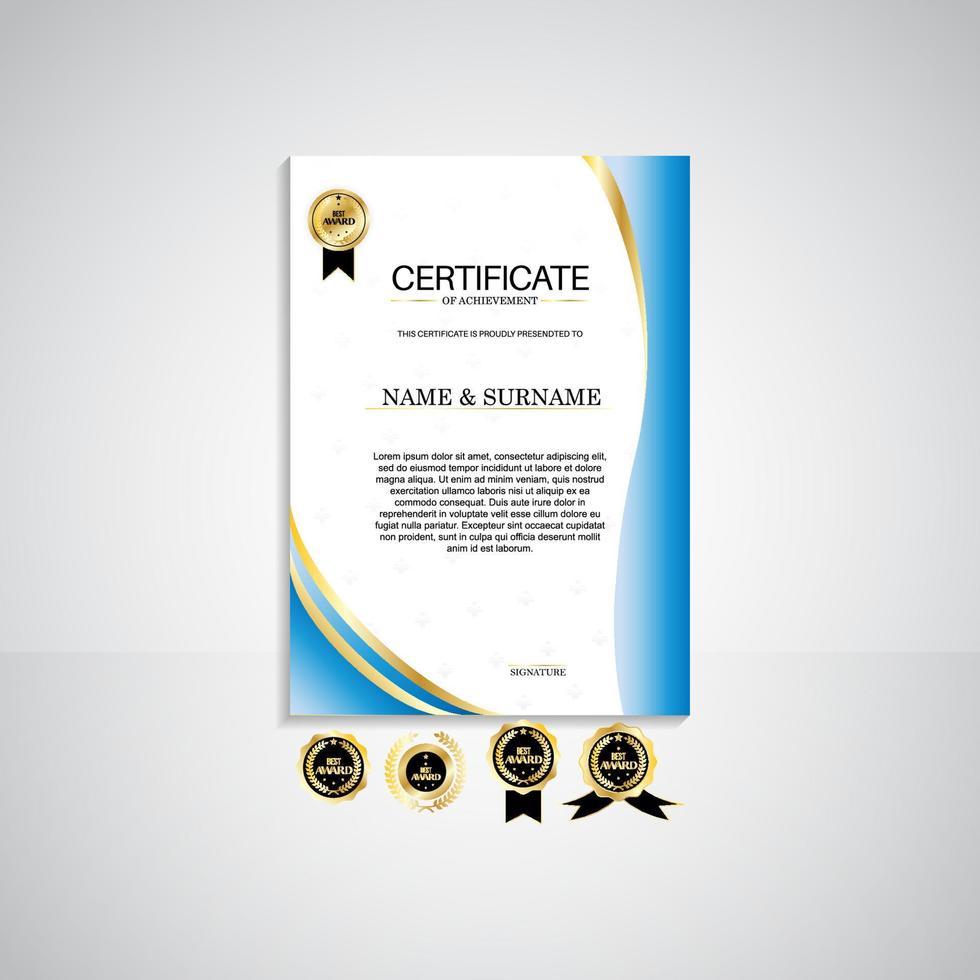 Award portrait certificate template, gold and blue colors. Clean modern certificate with gold badge. Certificate border template with modern luxury line pattern. Diploma vector template