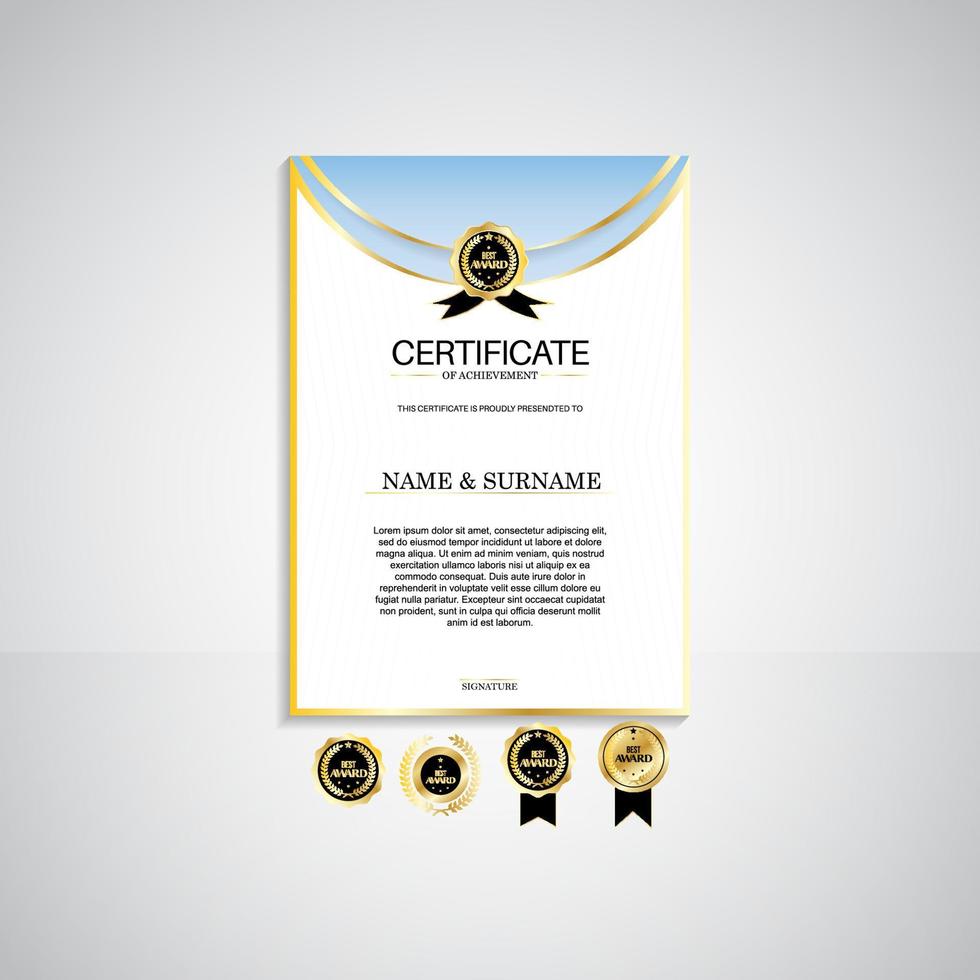 Award portrait certificate template, gold and blue colors. Clean modern certificate with gold badge. Certificate border template with modern luxury line pattern. Diploma vector template