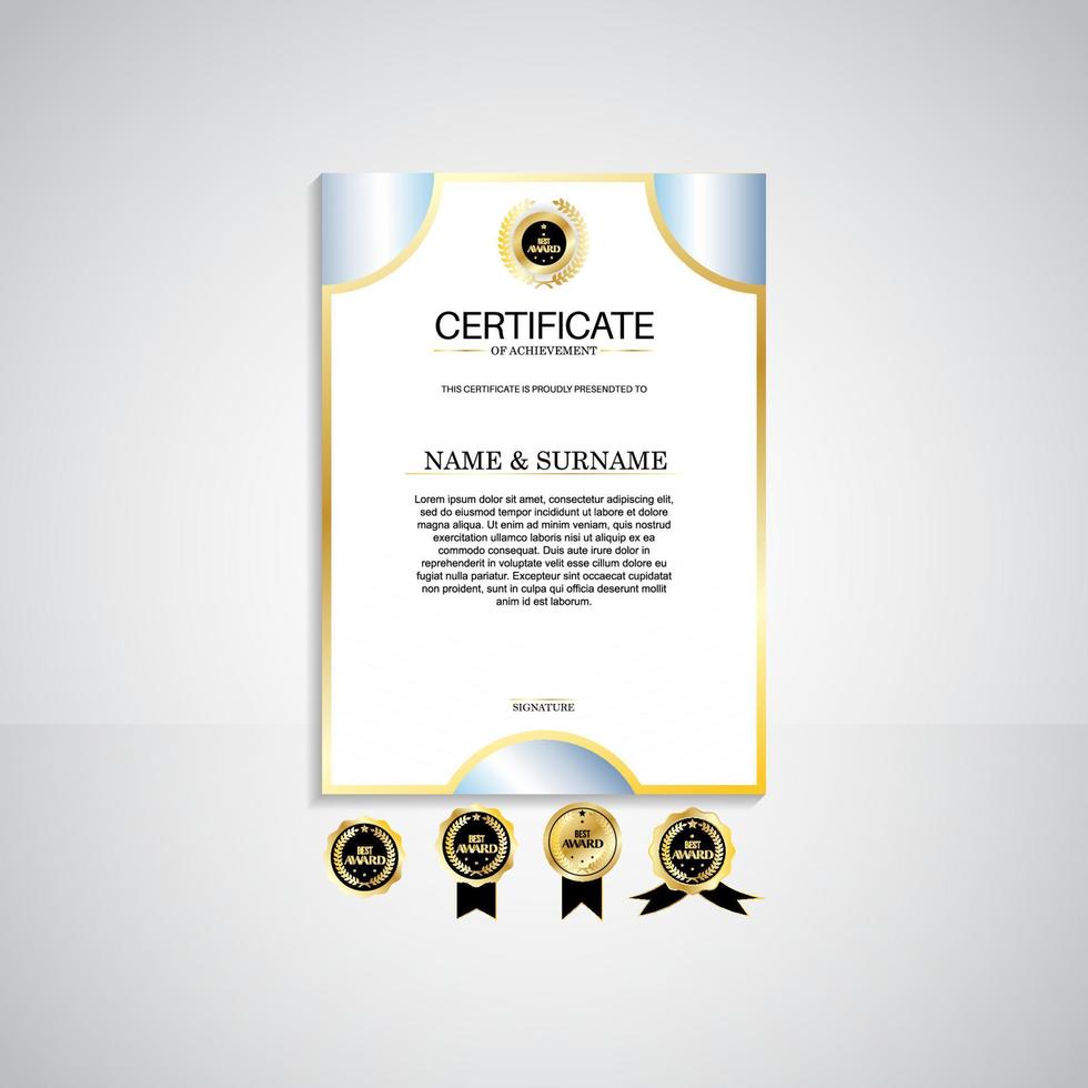Award portrait certificate template, gold and blue colors. Clean modern certificate with gold badge. Certificate border template with modern luxury line pattern. Diploma vector template