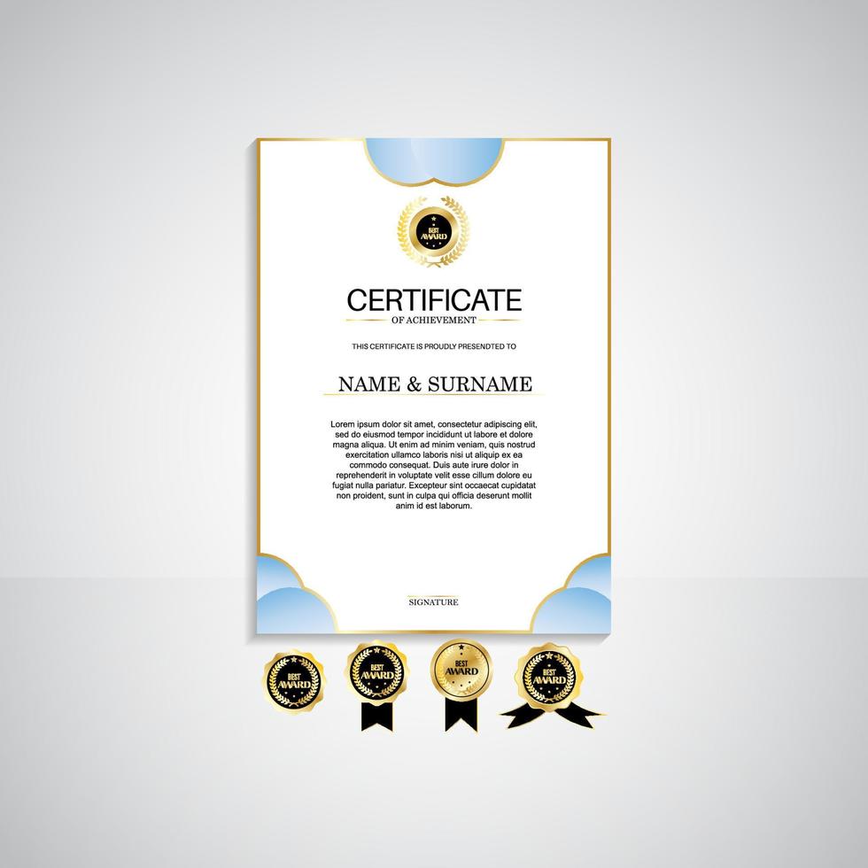 Award portrait certificate template, gold and blue colors. Clean modern certificate with gold badge. Certificate border template with modern luxury line pattern. Diploma vector template