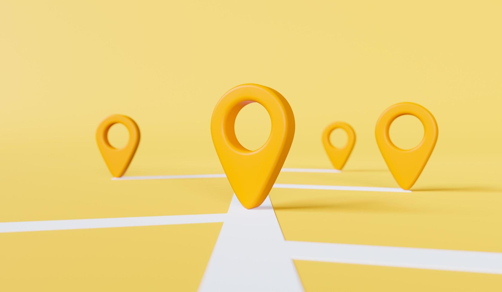 marcado de ubicación con un alfiler en un mapa o signo de icono de navegación en fondo amarillo, concepto de tema de transporte y viaje. representación 3d foto