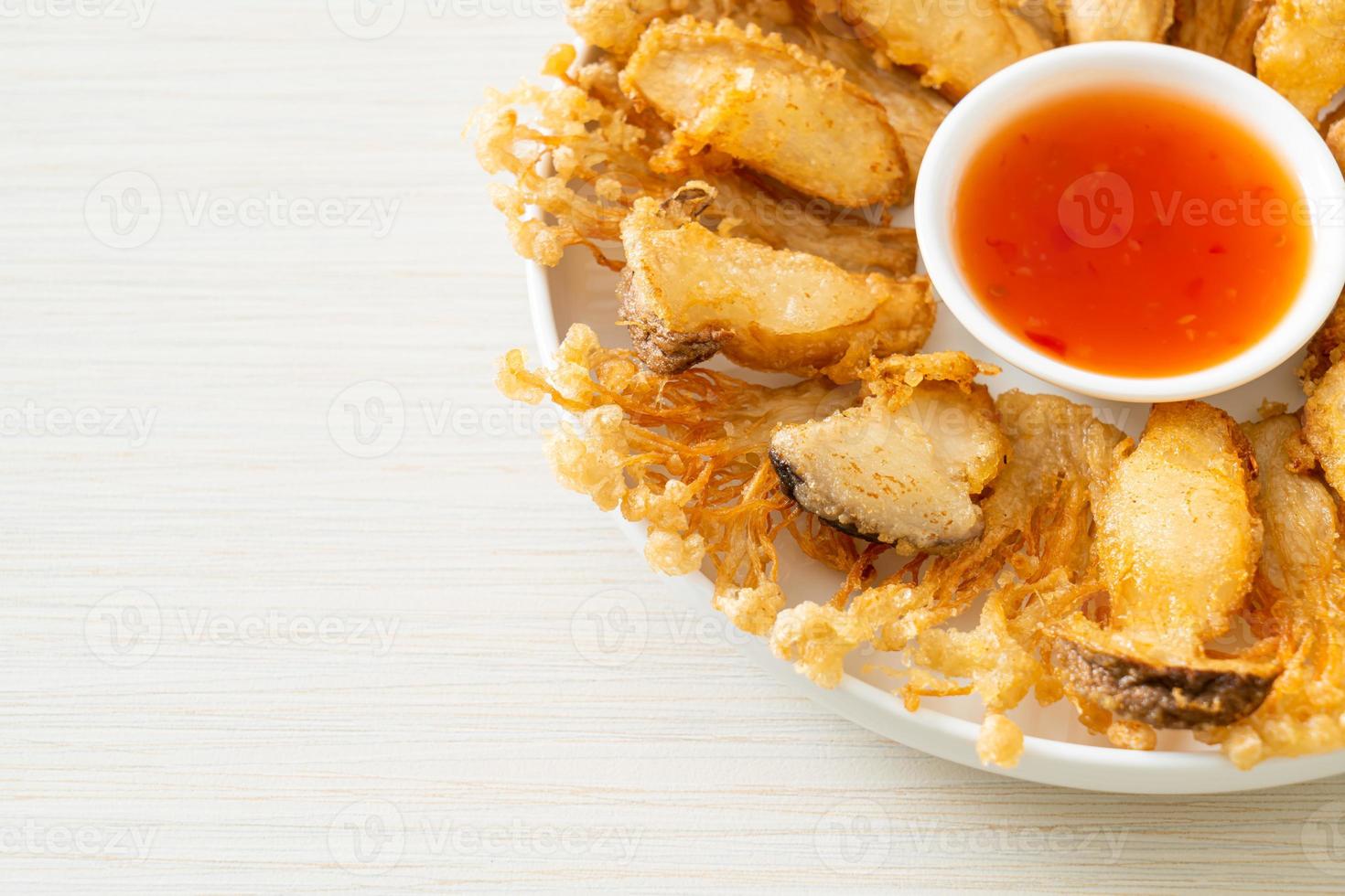 deep fried Enoki mushroom and King Oyster mushroom with spicy dipping sauce photo