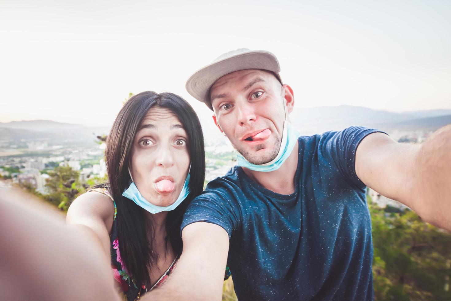 couple pose selfie to camera photo