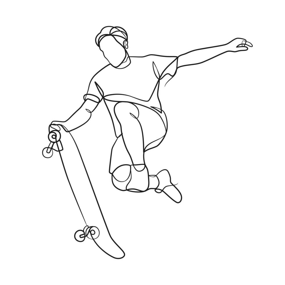 Continuous line drawing of man playing skateboard vector