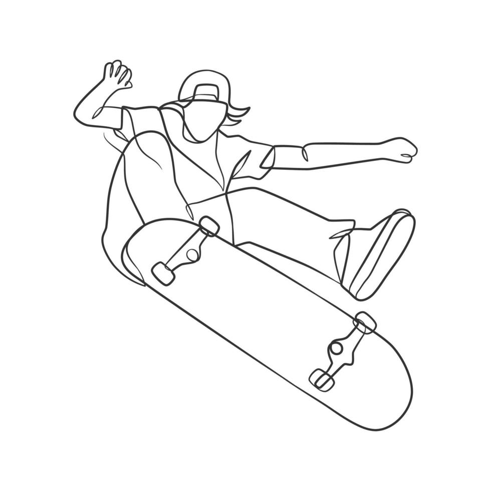 Continuous line drawing of man playing skateboard vector