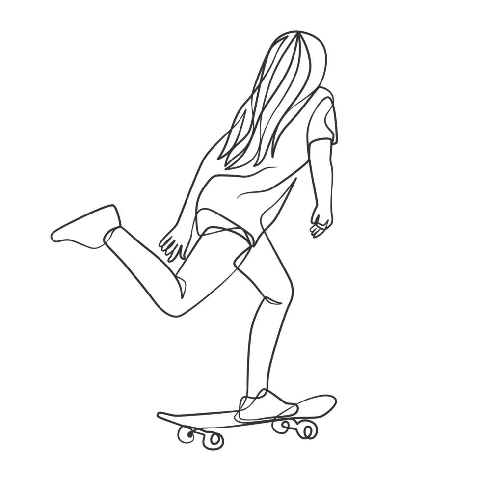 dibujo de línea continua de niña jugando patineta vector