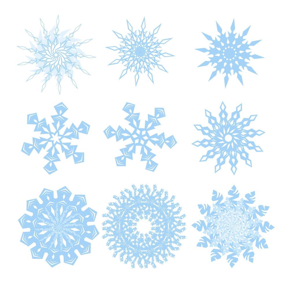 conjunto de ilustración de stock de vector de copos de nieve. invierno. nieve quebradiza. cristales de hielo azul. formas geométricas. Aislado en un fondo blanco.