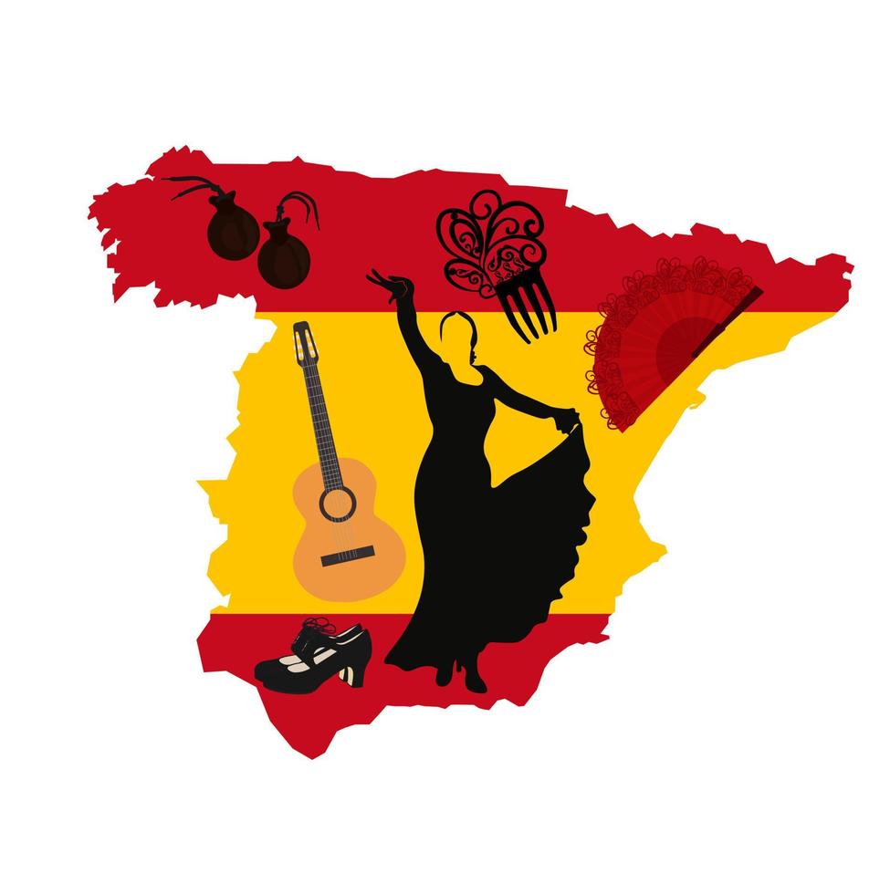 conjunto de iconos de flamenco ilustración vectorial de stock. castañuelas, zapatos. musica tradicional española. siluetas negras aisladas sobre un fondo blanco. vector