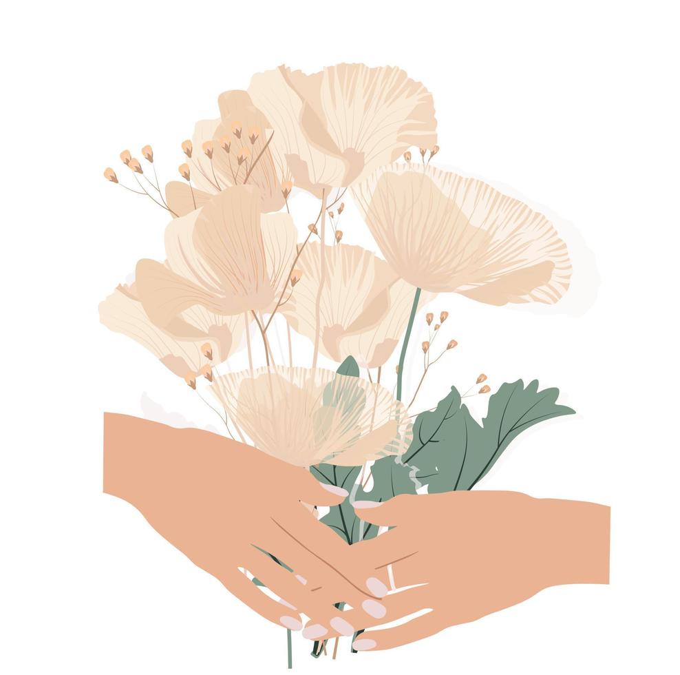 Poster of a bouquet of flowers in women's hands. Greeting card vector stock illustration of Delicate roses tulips and poppies. Pastel colors. Minimalist design. Isolated on a white background.