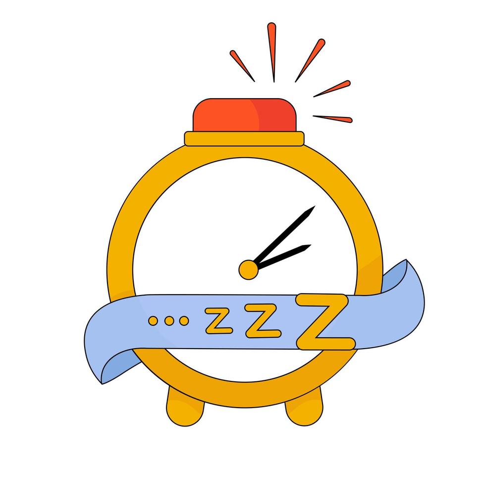 Vector stock illustration of a yellow alarm clock. Time. Table clock with hands. Night time 14 05 . Isolated on a white background. Plain.