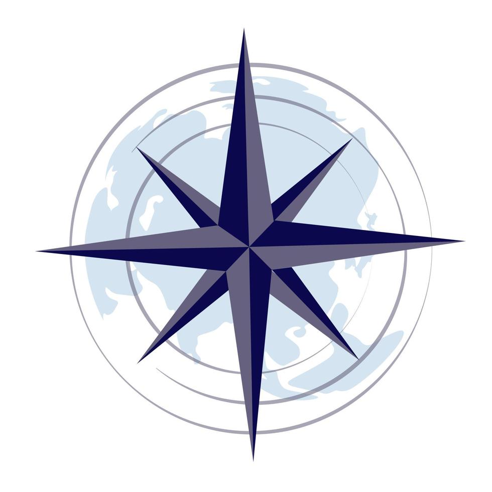 Compass wind rose vector stock illustration. Abstract map of the world, Asia and Europe. The pointer is North, South, West, East. Isolated on a white background.