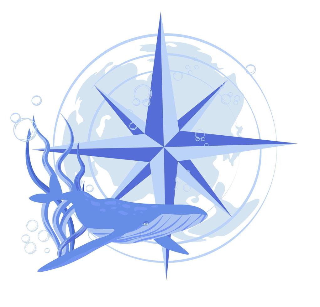Whale and compass vector stock marine illustration of the Navy. The wind rose. The ocean and its inhabitants. Cartography of the underwater world. a sailor. Isolated on a white background.