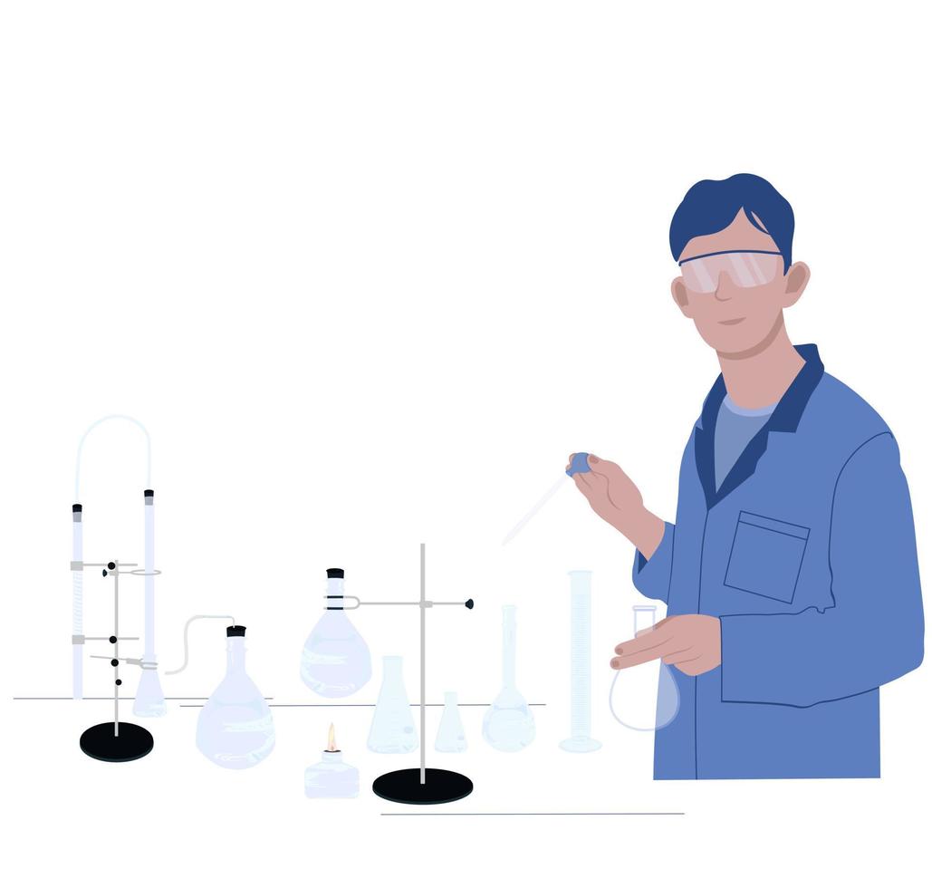 A scientist in the laboratory conducts research and tests on the vaccine. Vector stock illustration. Creating a prototype. Epidemiology. Diagnosis of a new infection. Isolated on a white background.