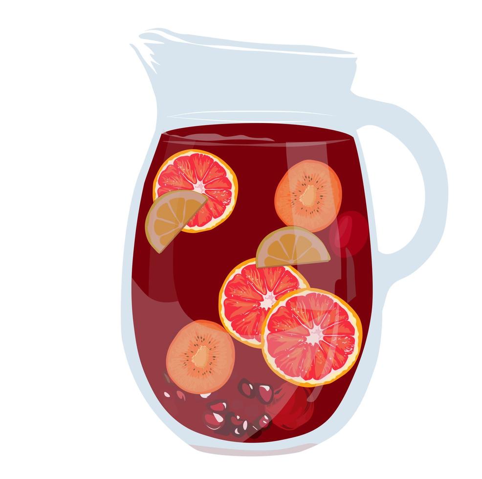 Ilustración de stock vectorial de jarra de sangría. bebida de verano española hecha de fruta y vino. compota de naranja, uvas, fresas, manzanas. Aislado en un fondo blanco. vector