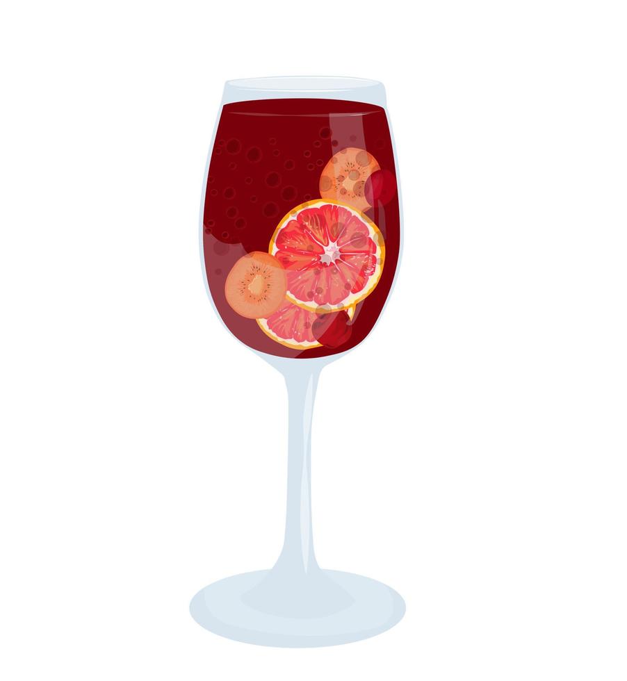 Glass of sangria vector stock illustration. Spanish summer drink made of fruit and wine. Wine glass on a leg for a restaurant or bar menu. Isolated on a white background.