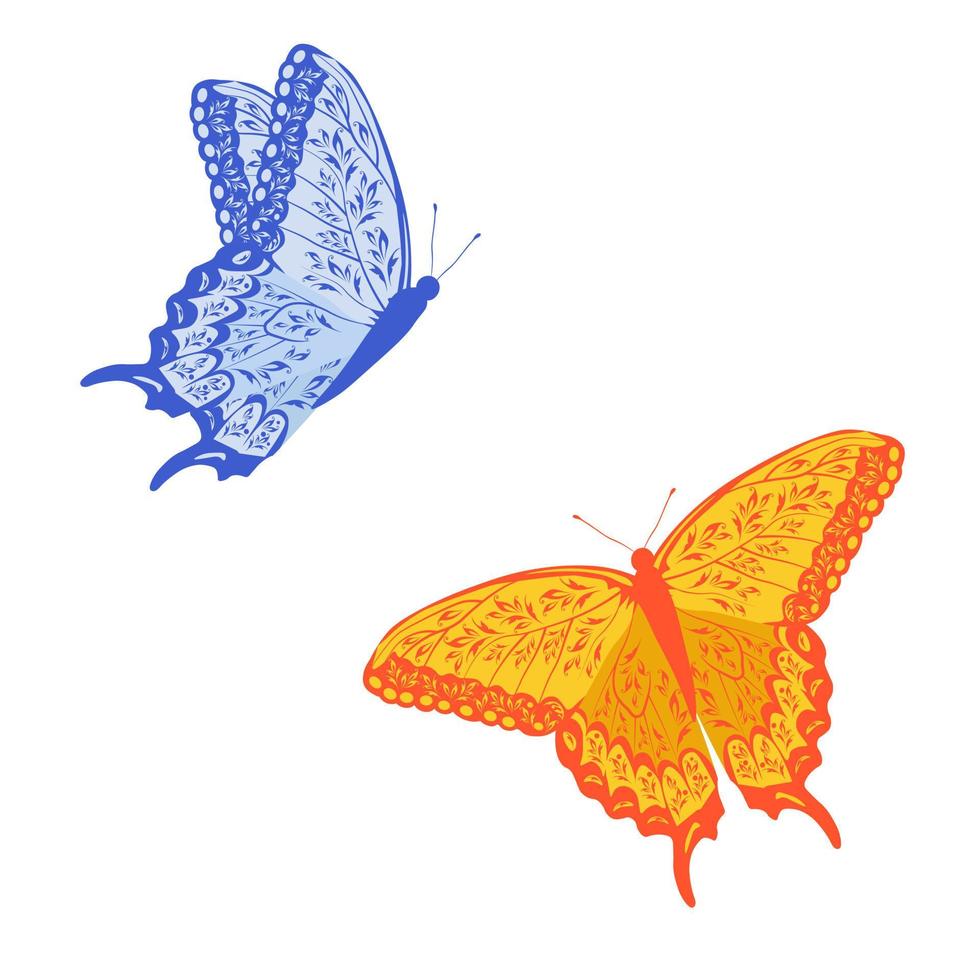 Two butterflies vector stock illustration. Summer meadow insect. Isolated on a white background.