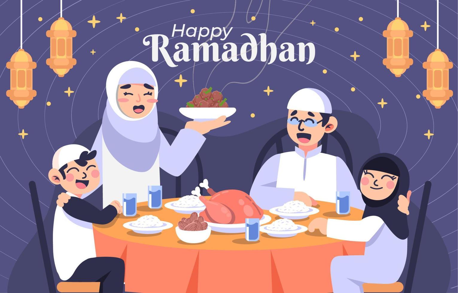 familia feliz con comida iftar vector