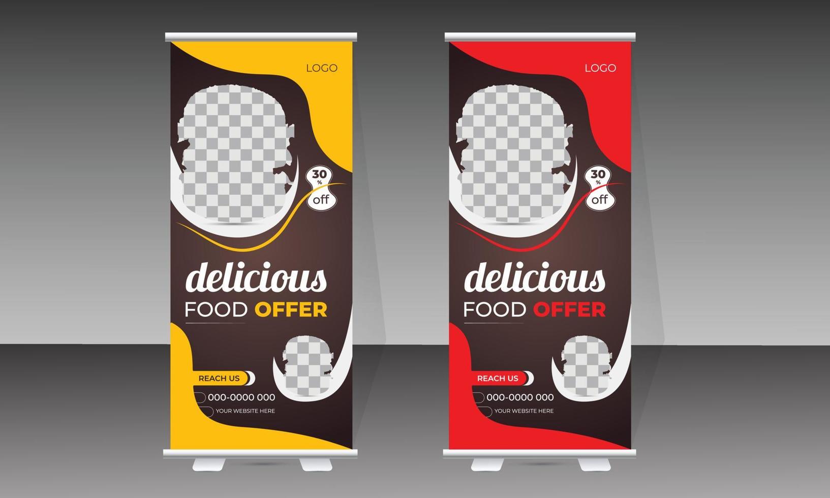 banner enrollable de comida y plantilla de diseño de menú de comida deliciosa vector