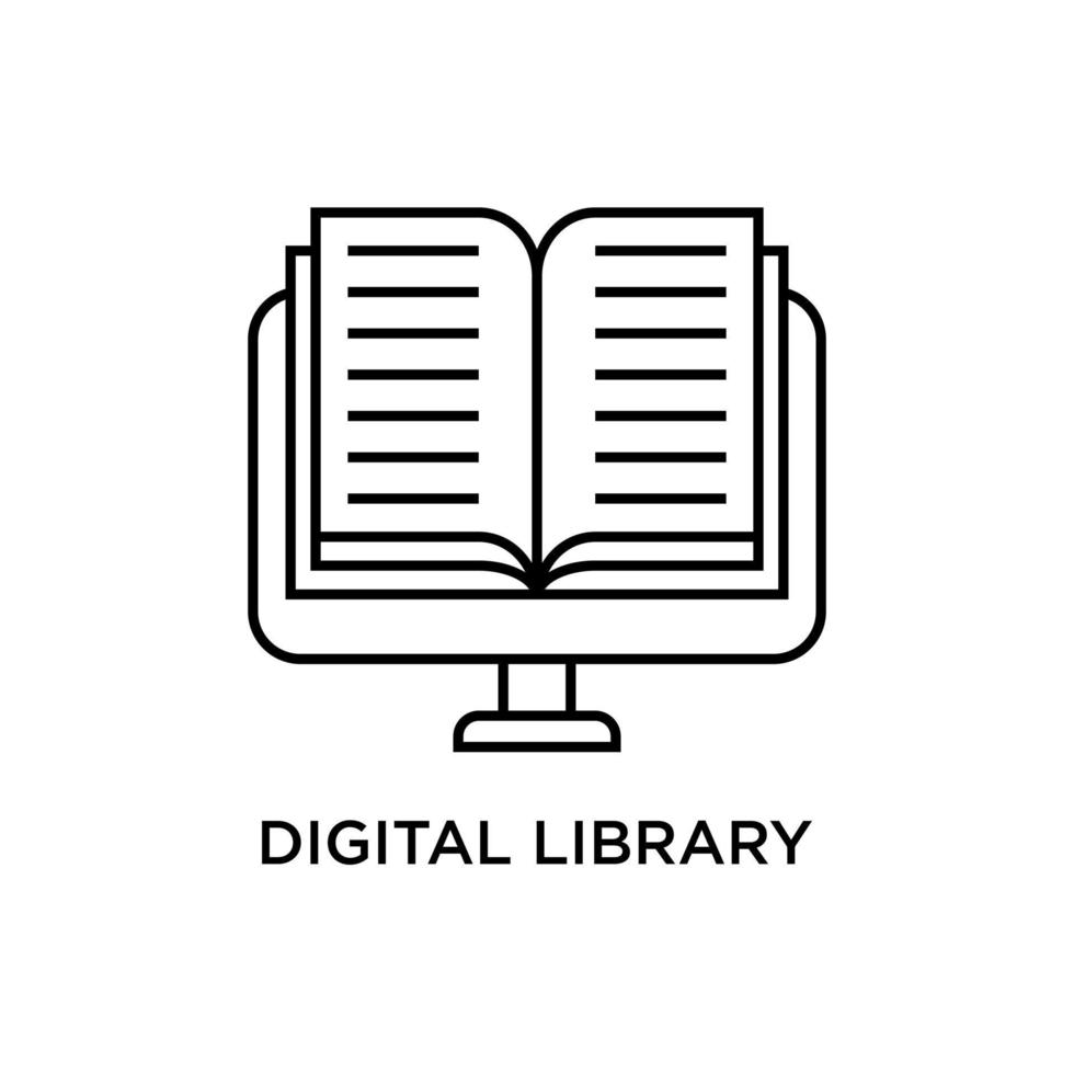 Vector illustration of computer with book icon. Suitable for design element of digital library, e-book, and online learning app website.