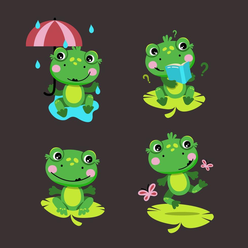 Cute green Frog. A set of frogs in different situations. Isolated vector illustration in a flat style