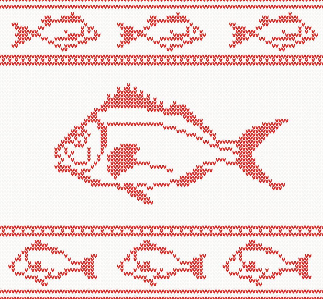 Knitted seamless pattern with fish. vector