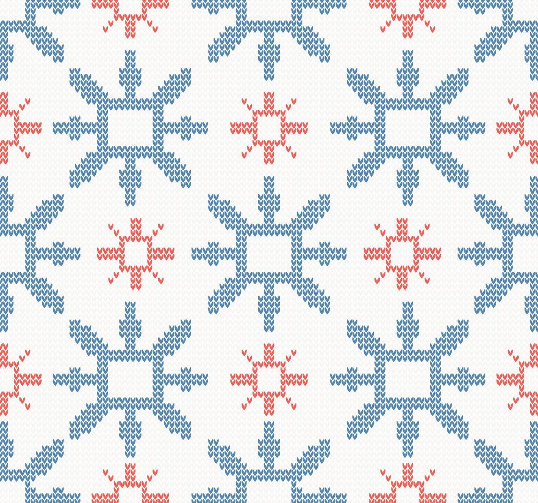 Christmas knitted seamless pattern with blue and red snowflakes. vector