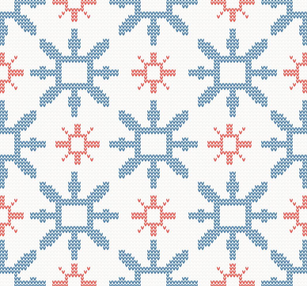 Christmas knitted seamless pattern with blue and red snowflakes. vector