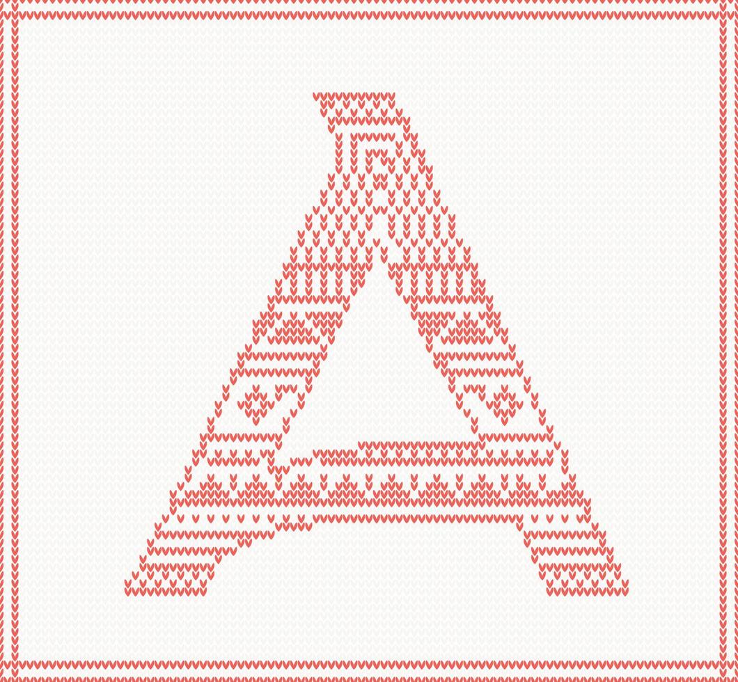 Red knitted Letter A with ornament on beige Background. vector