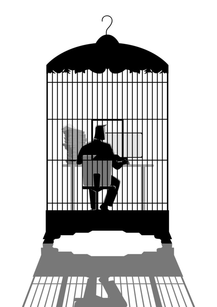 Businessman working on computer in the bird cage vector