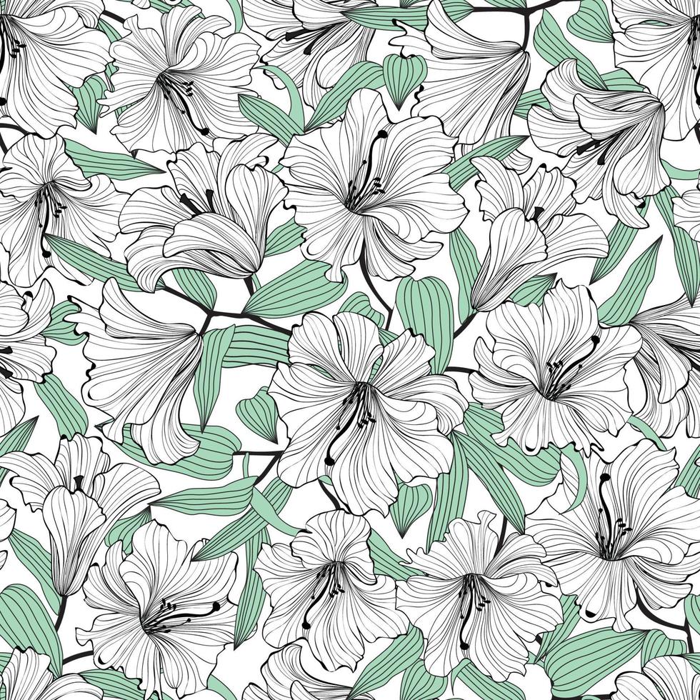 patrones sin fisuras florales. rama con hojas textura de dibujo de arte de línea ornamental. florecer naturaleza verano jardín textura fondo vector