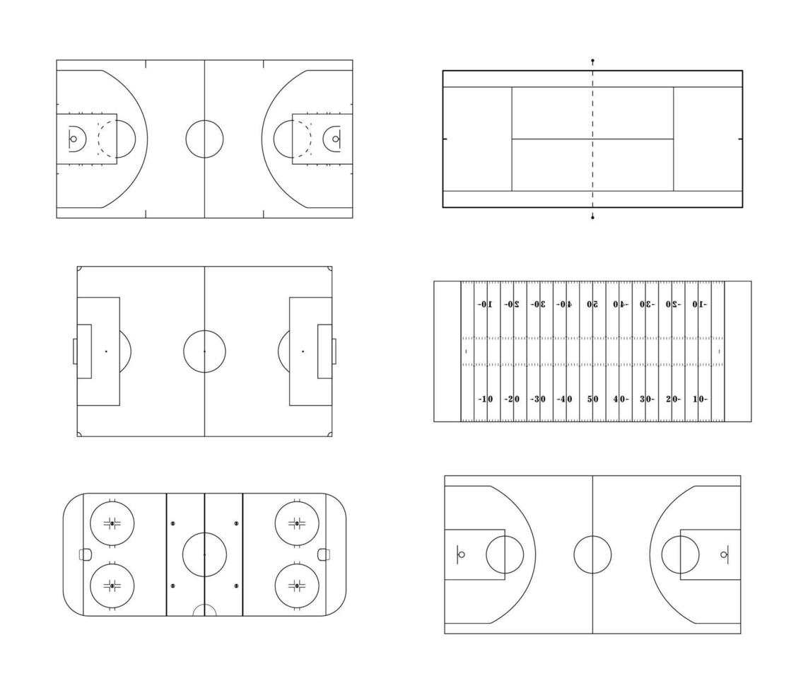 Outline sports fields and courts basketball tennis football soccer ice hockey. vector
