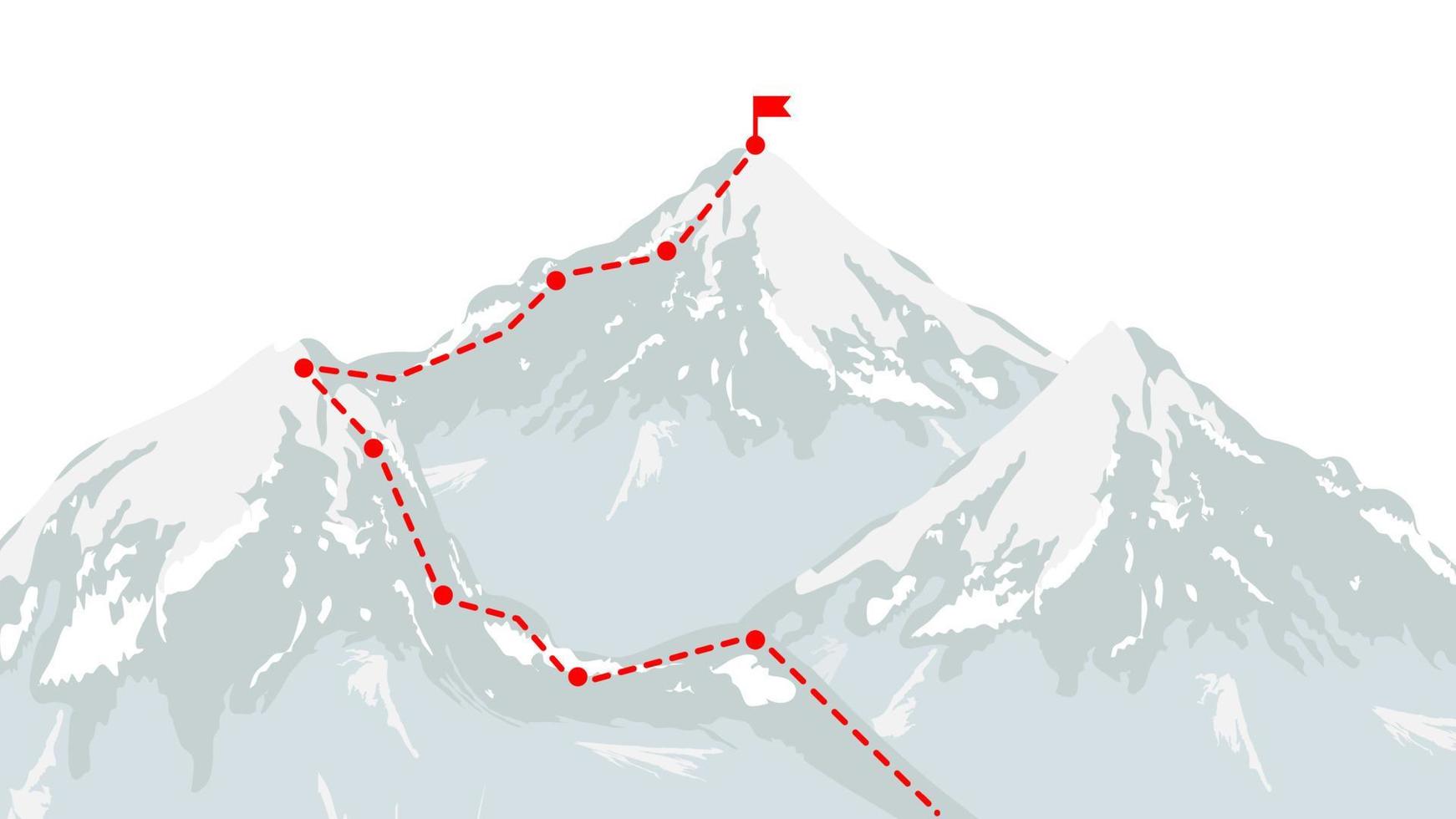 ruta de escalada de montaña hasta la cima. camino empresarial al concepto de éxito. pico de la montaña, ruta de escalada hasta la cima del acantilado. vector