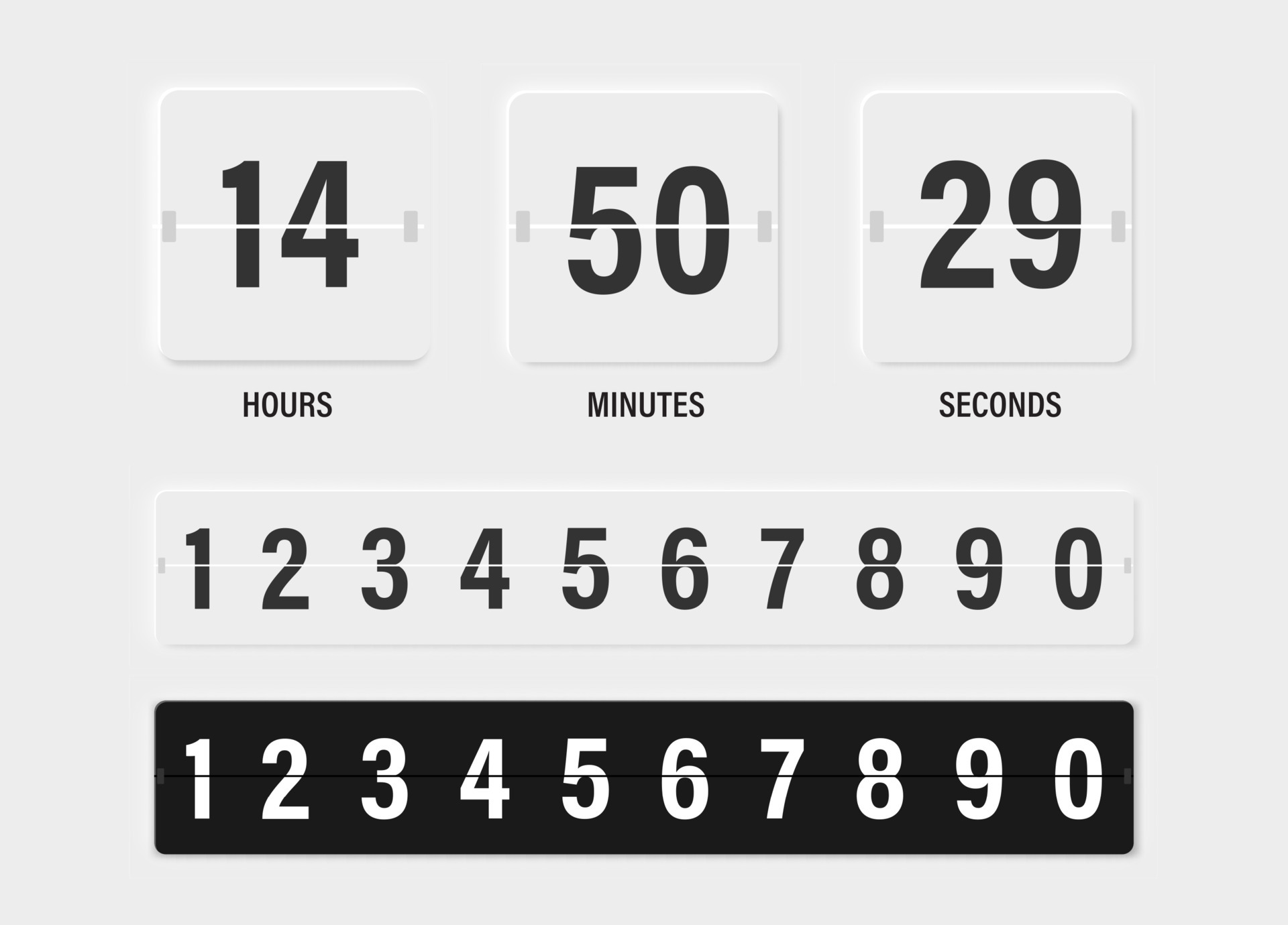 Clock countdown display. Set numbers flip watch. Black and white date