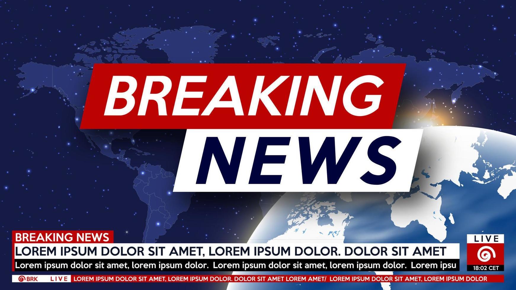 Screen saver on breaking news background. Urgent news release on television. Breaking news live on earth planet and world map background. vector