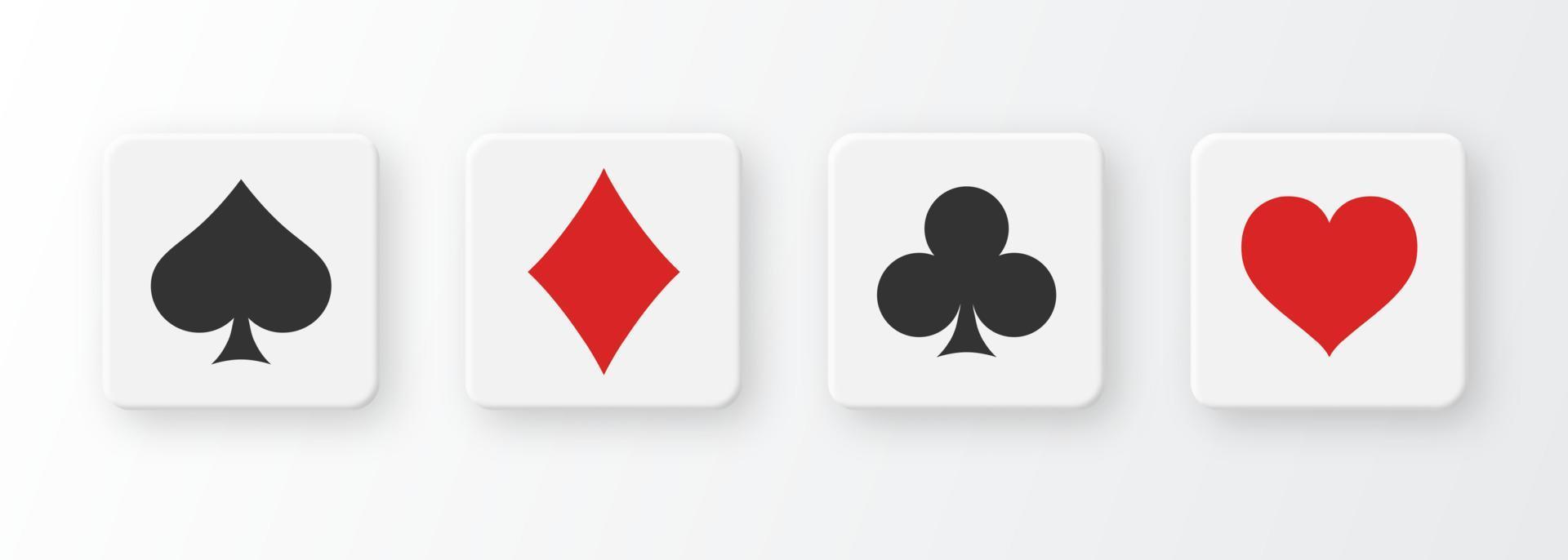 Botones de póquer y casino con juego de baraja de cartas sobre fondo blanco. vector