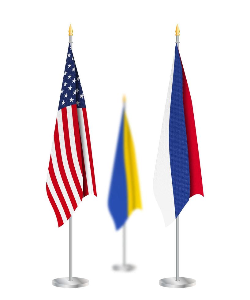 United States of America, Russia and Ukraine flag pole isolated on white background. Conference on conflict resolution in Ukraine. vector