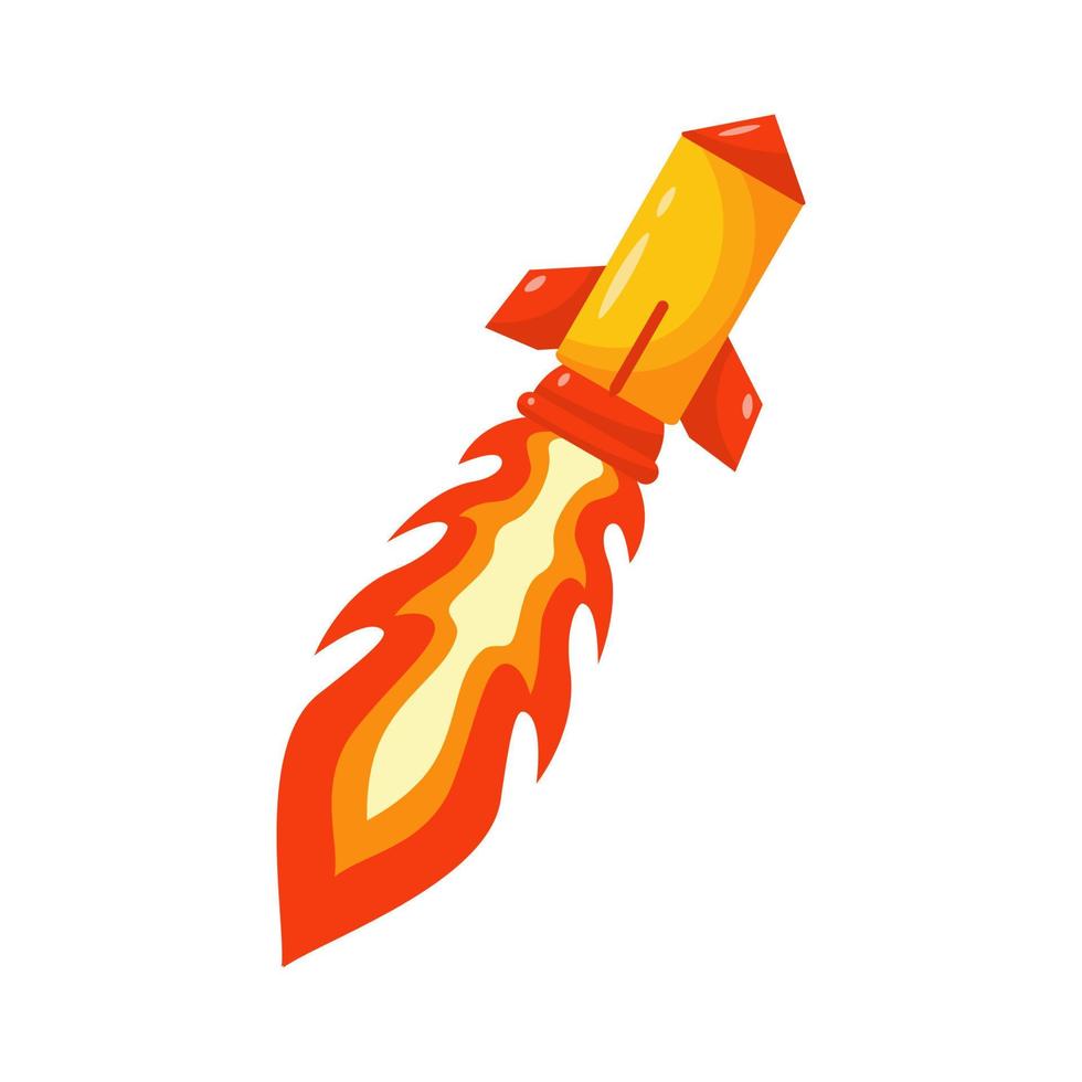 Flying rocket with fiery plume. Rocket propelled projectile takes off towards its designated target. Intercontinental missile with nuclear warhead with vector guidance system