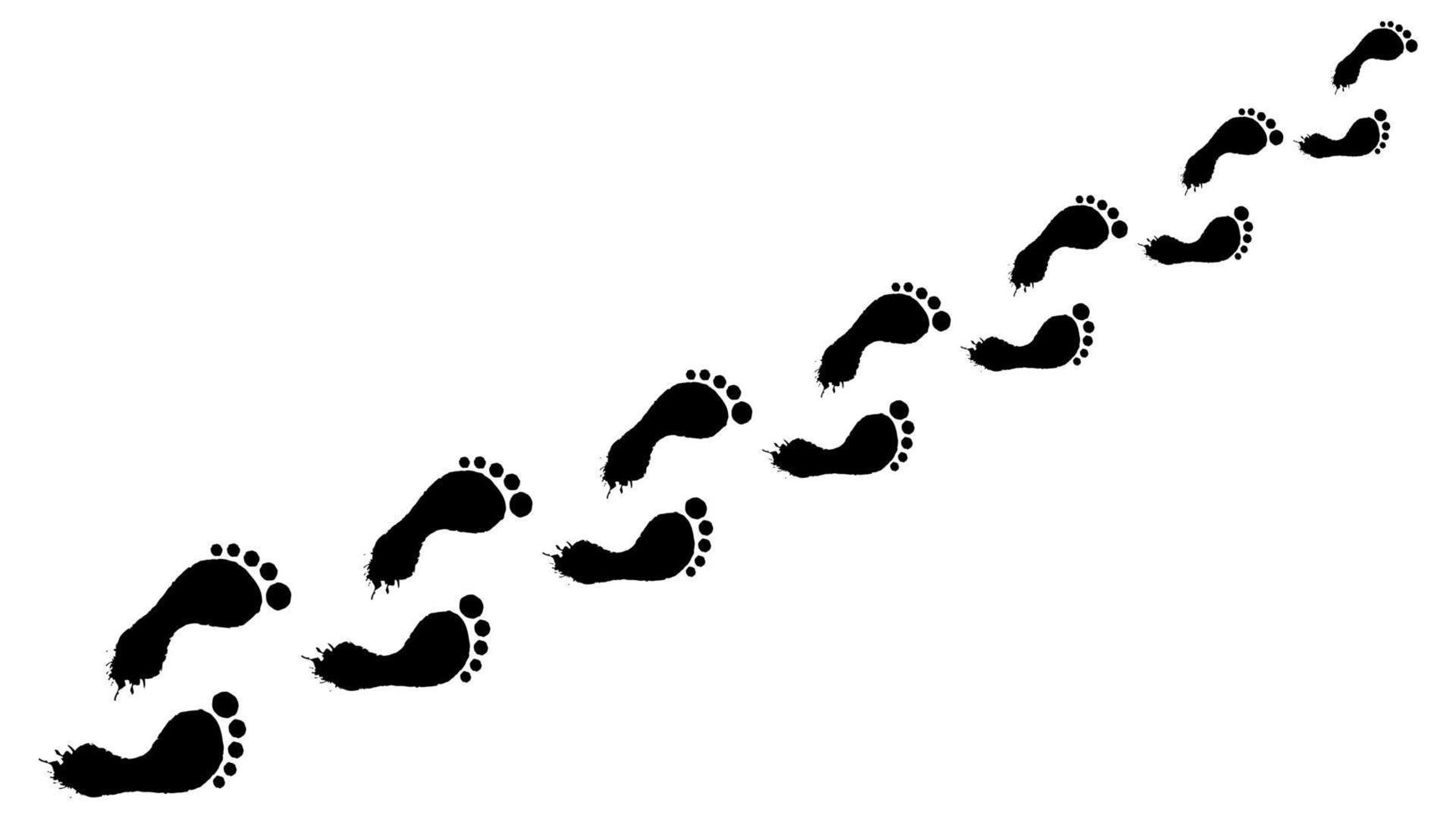 Human prints bare feet top view. Black chain footsteps humanoid smeared footprint extending straight into distance mysterious markings with flowing vector heels